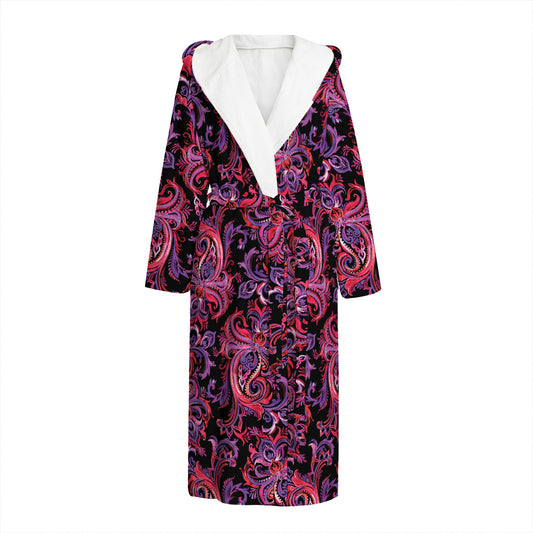 Purple Paisley Pattern Print Hooded Bathrobe