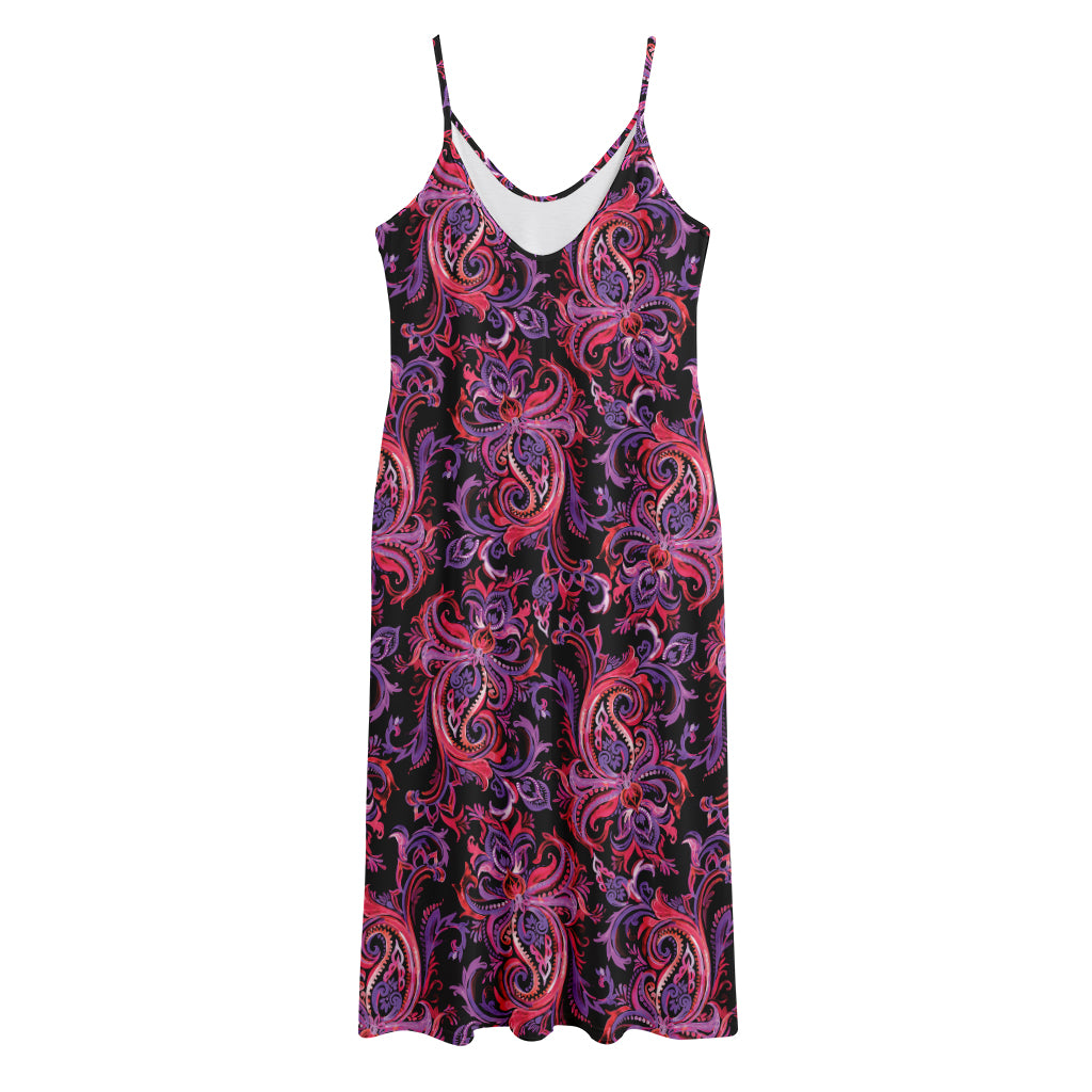 Purple Paisley Pattern Print Jersey Midi Cami Dress