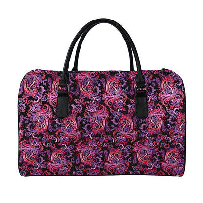 Purple Paisley Pattern Print Leather Duffle Bag