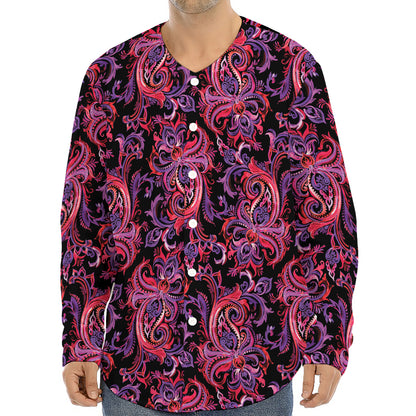 Purple Paisley Pattern Print Long Sleeve Baseball Jersey