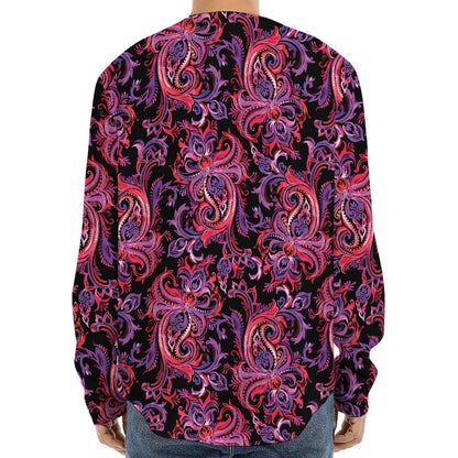 Purple Paisley Pattern Print Long Sleeve Baseball Jersey
