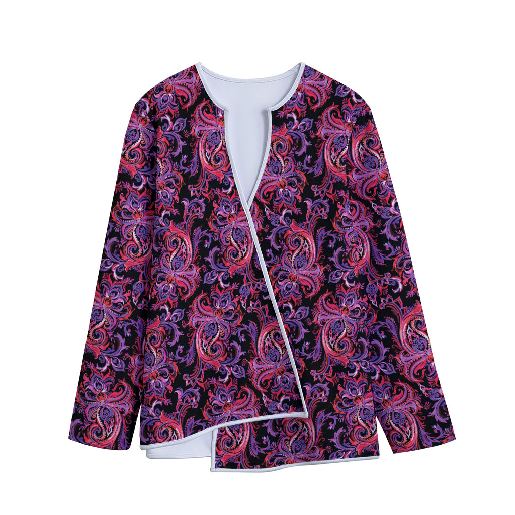 Purple Paisley Pattern Print Long Sleeve Short Coat