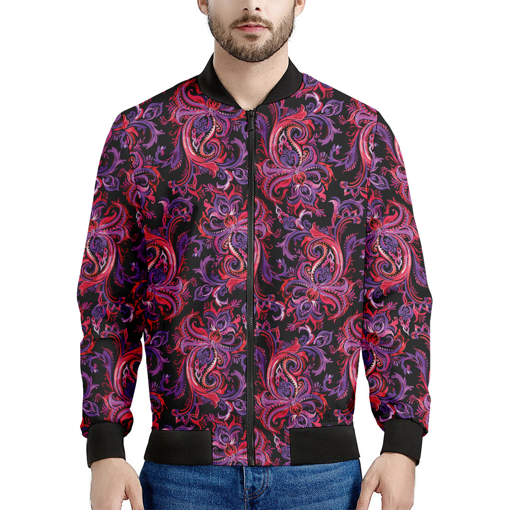 Purple Paisley Pattern Print Men's Bomber Jacket