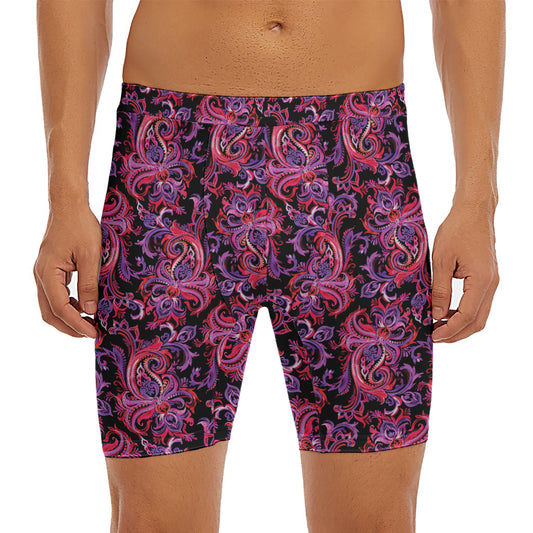 Purple Paisley Pattern Print Men's Long Boxer Briefs