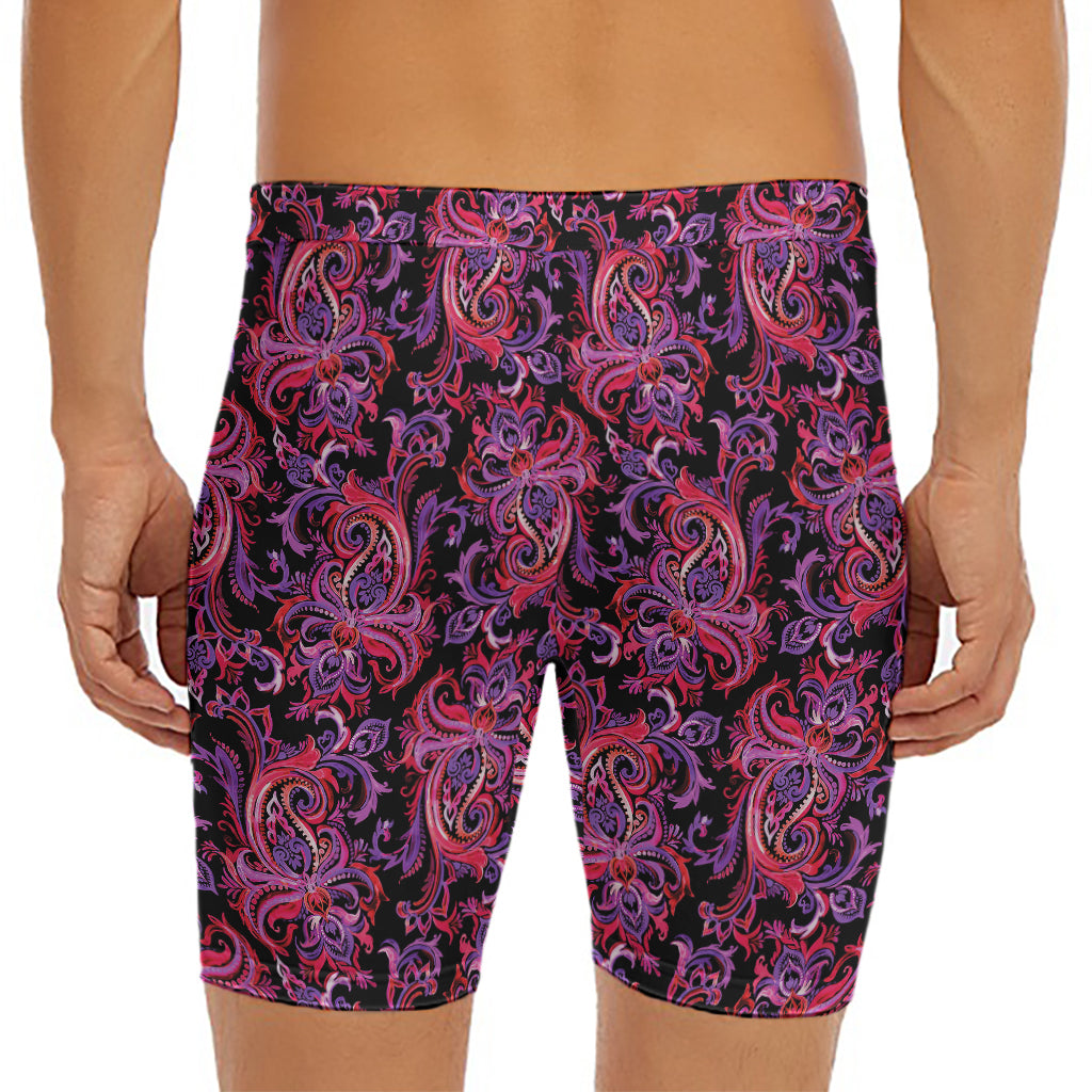 Purple Paisley Pattern Print Men's Long Boxer Briefs