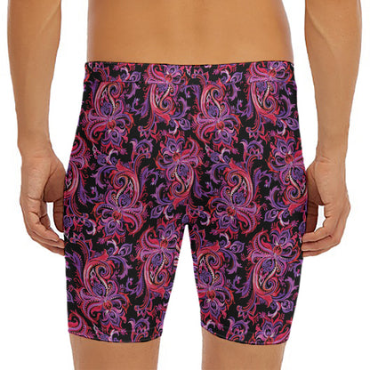 Purple Paisley Pattern Print Men's Long Boxer Briefs