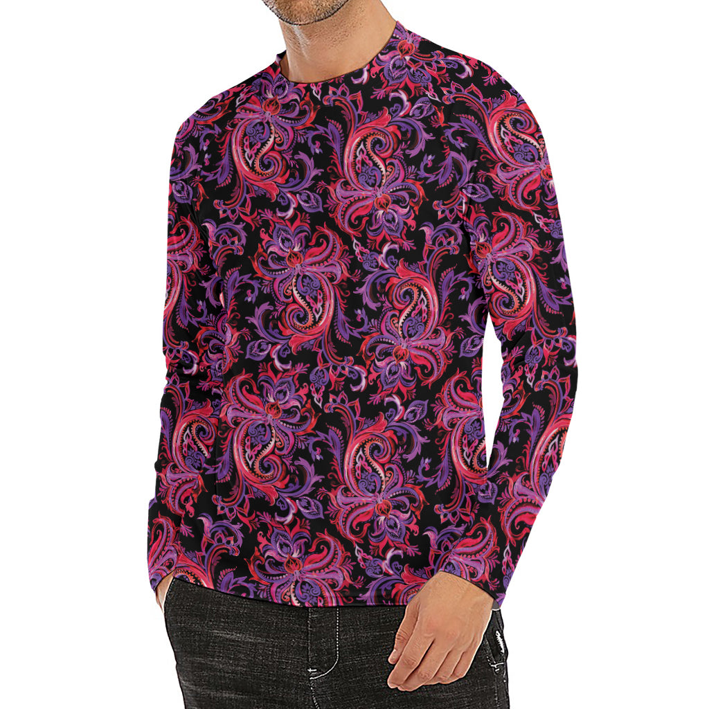 Purple Paisley Pattern Print Men's Long Sleeve Rash Guard