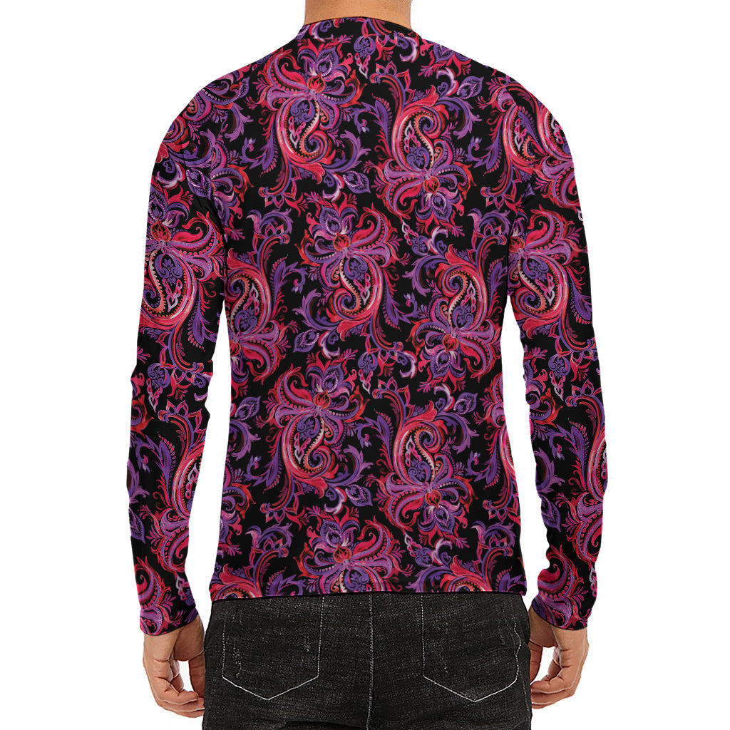 Purple Paisley Pattern Print Men's Long Sleeve Rash Guard