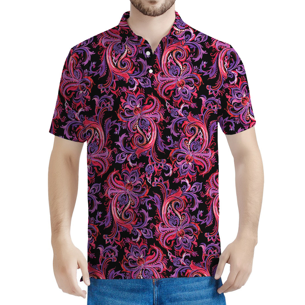 Purple Paisley Pattern Print Men's Polo Shirt