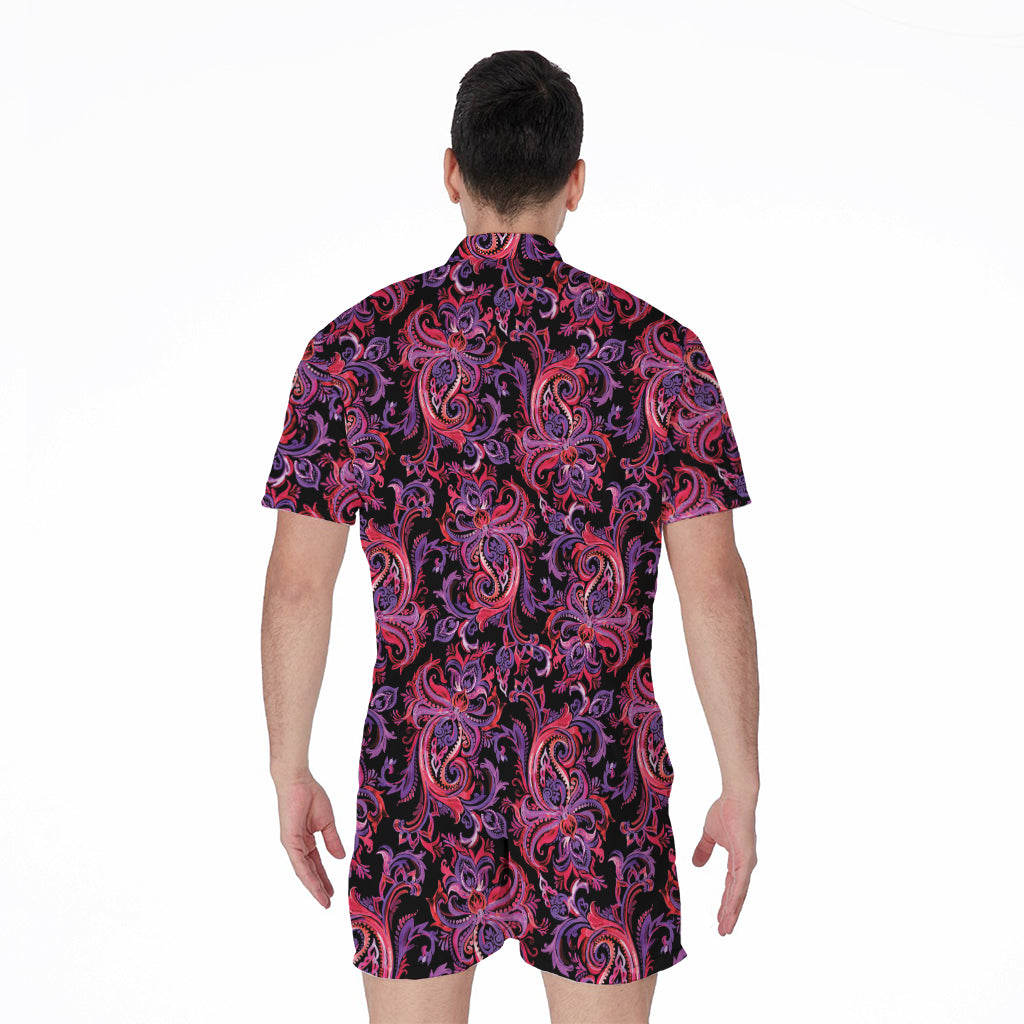 Purple Paisley Pattern Print Men's Rompers