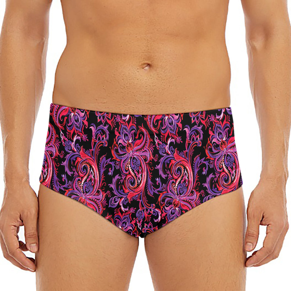 Purple Paisley Pattern Print Men's Triangle Swim Briefs
