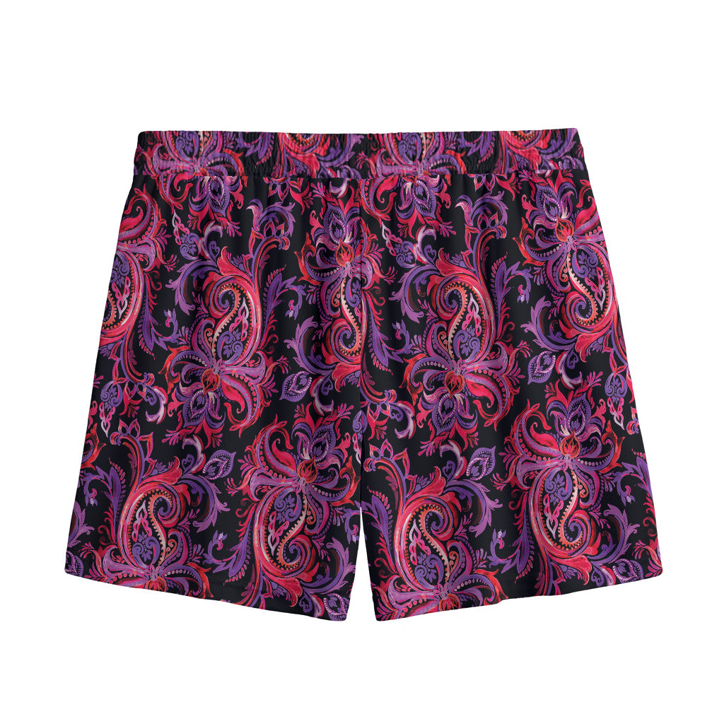 Purple Paisley Pattern Print Mesh Shorts