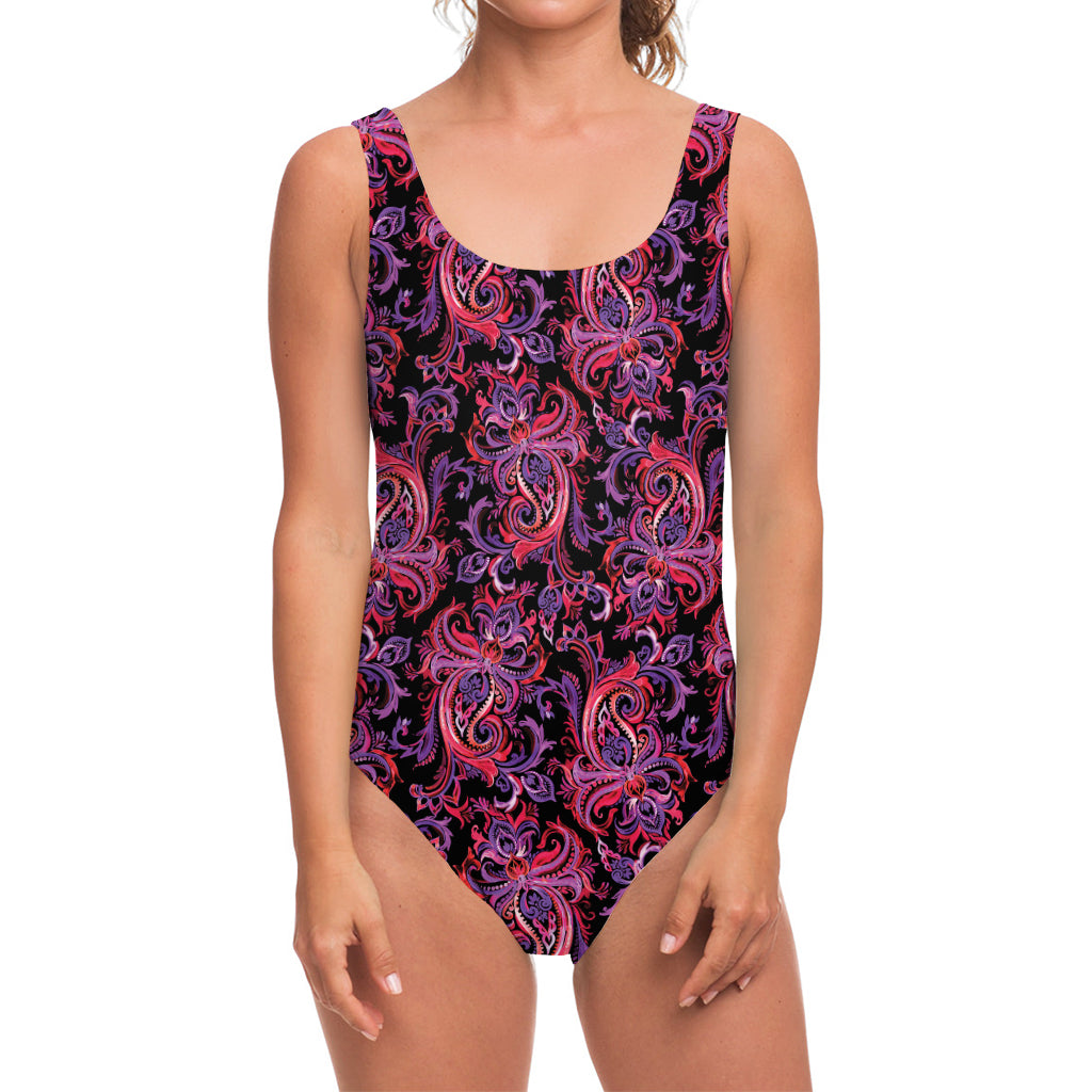Purple Paisley Pattern Print One Piece Swimsuit