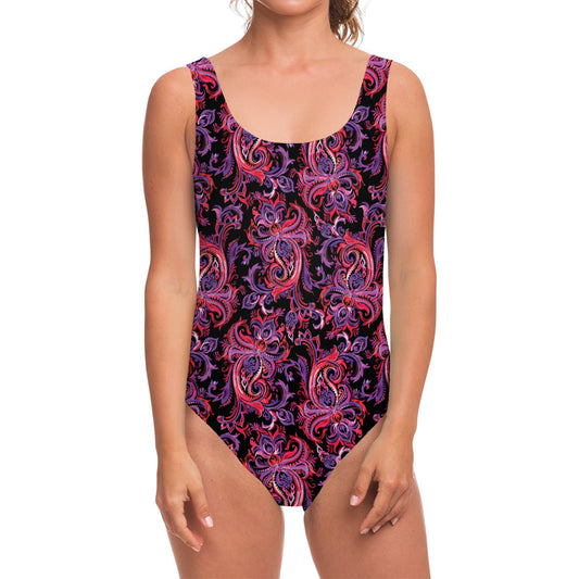 Purple Paisley Pattern Print One Piece Swimsuit