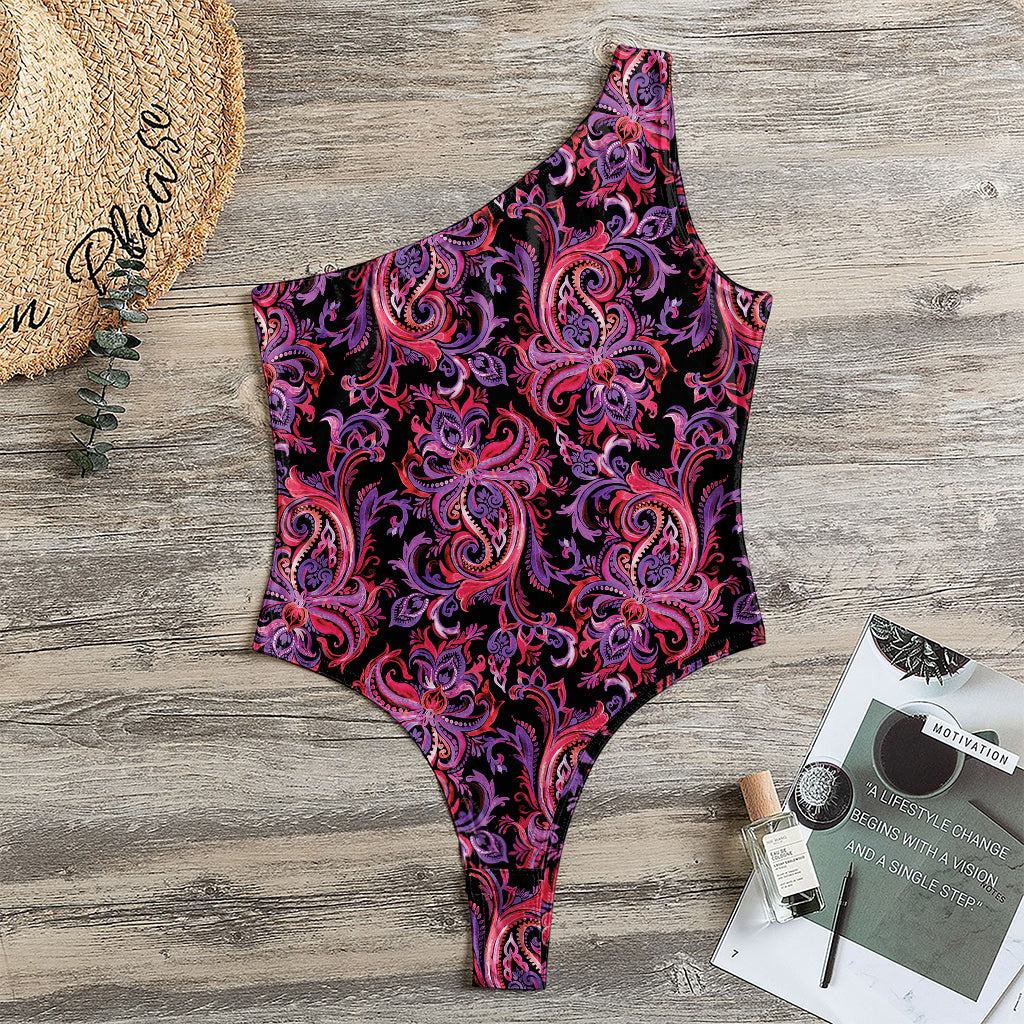 Purple Paisley Pattern Print One Shoulder Bodysuit