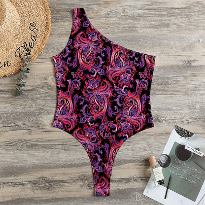 Purple Paisley Pattern Print One Shoulder Bodysuit