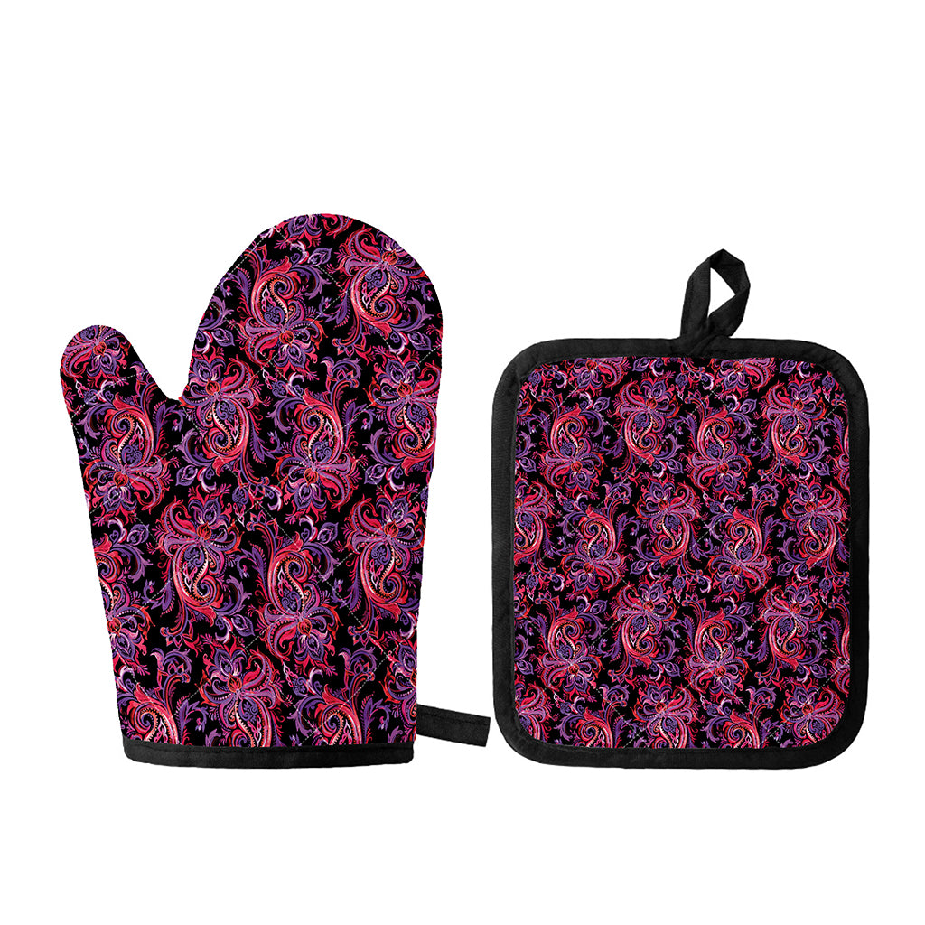 Purple Paisley Pattern Print Oven Mitt And Pot Holder Set