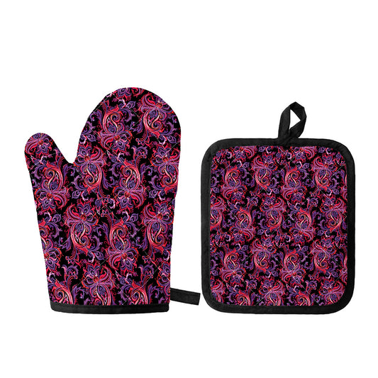 Purple Paisley Pattern Print Oven Mitt And Pot Holder Set