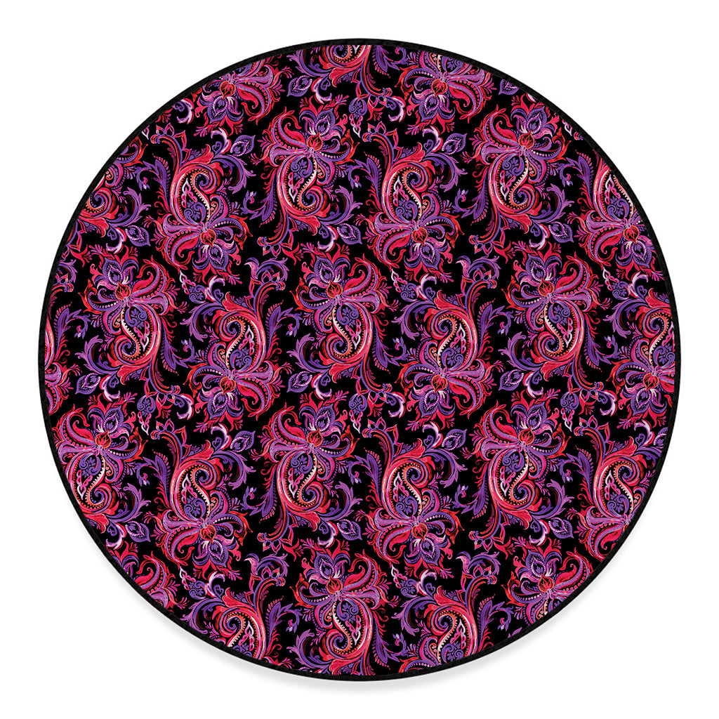 Purple Paisley Pattern Print Round Floor Mat