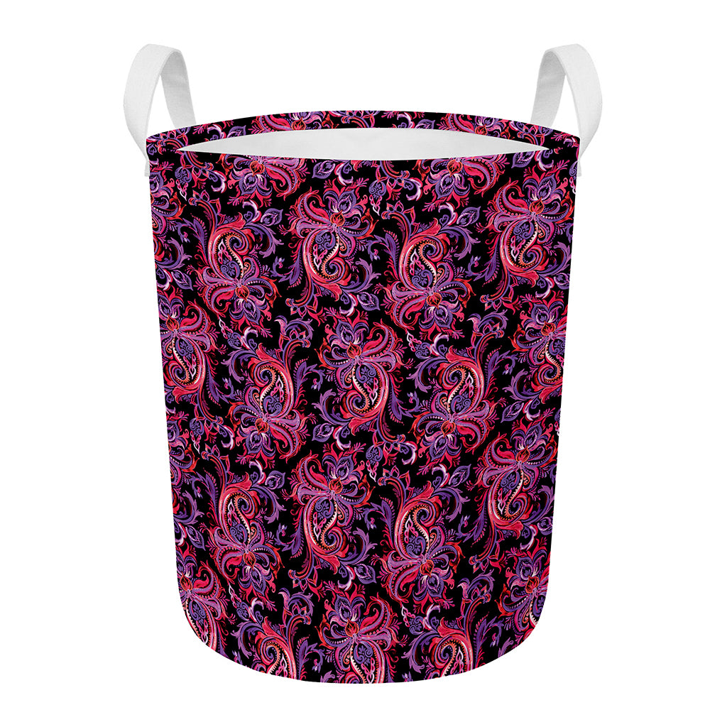 Purple Paisley Pattern Print Round Laundry Basket