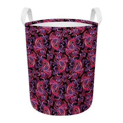 Purple Paisley Pattern Print Round Laundry Basket