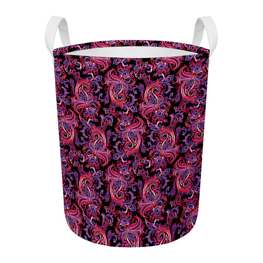 Purple Paisley Pattern Print Round Laundry Basket