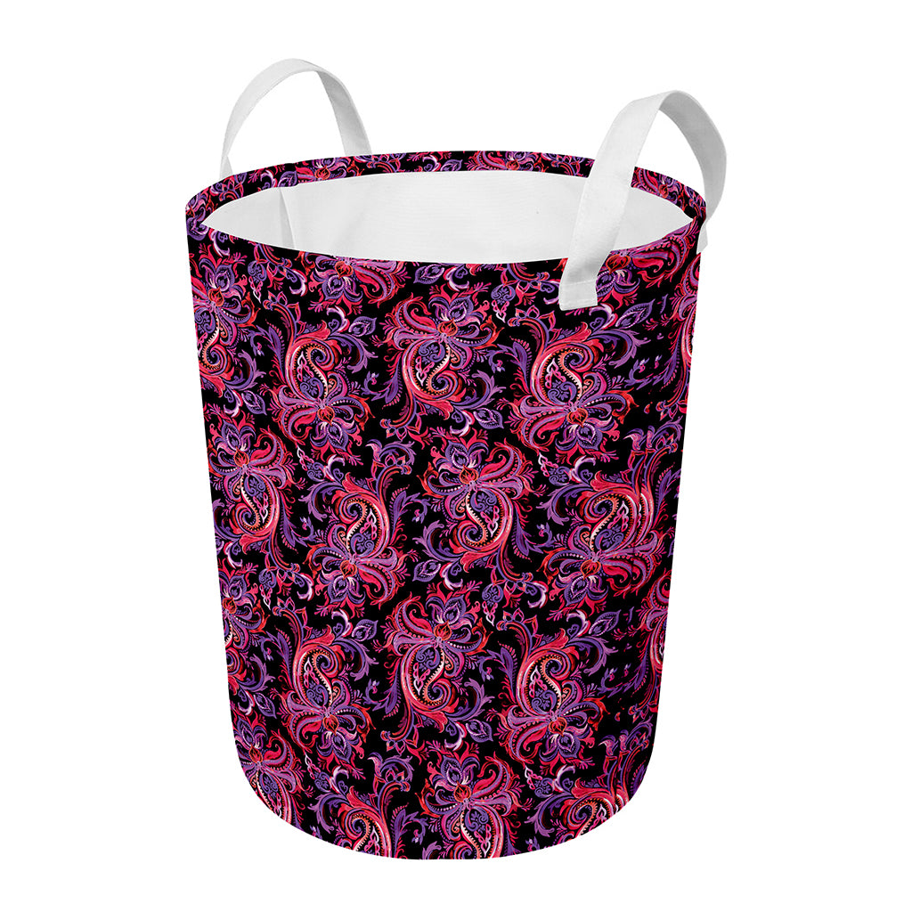 Purple Paisley Pattern Print Round Laundry Basket