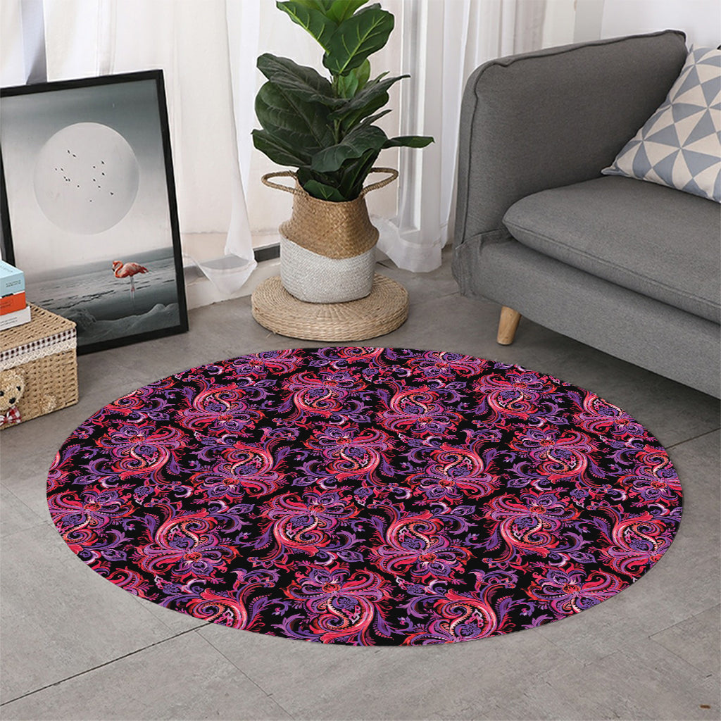 Purple Paisley Pattern Print Round Rug