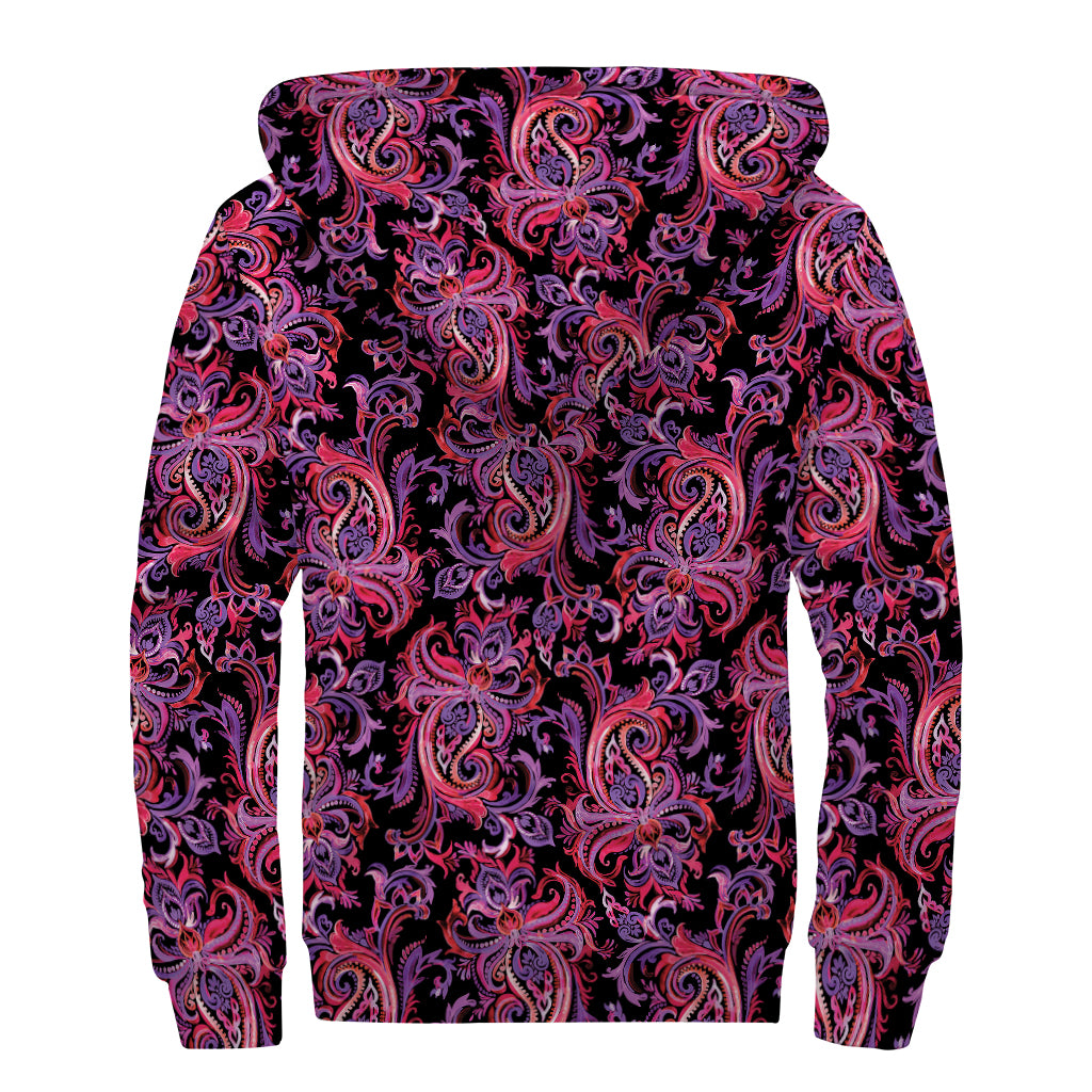 Purple Paisley Pattern Print Sherpa Lined Zip Up Hoodie