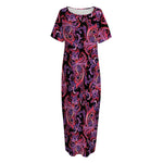 Purple Paisley Pattern Print Short Sleeve Long Nightdress