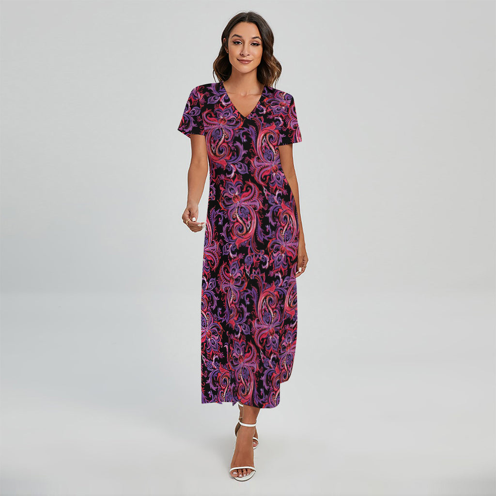 Purple Paisley Pattern Print Short Sleeve Maxi Dress