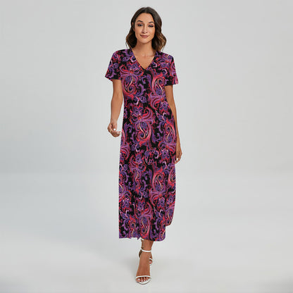 Purple Paisley Pattern Print Short Sleeve Maxi Dress