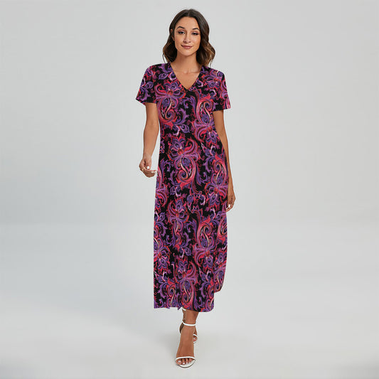 Purple Paisley Pattern Print Short Sleeve Maxi Dress