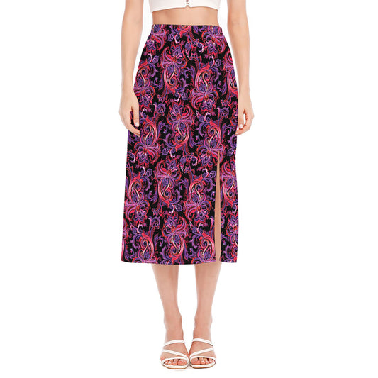 Purple Paisley Pattern Print Side Slit Midi Skirt