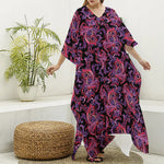 Purple Paisley Pattern Print Silk V-Neck Kaftan Dress