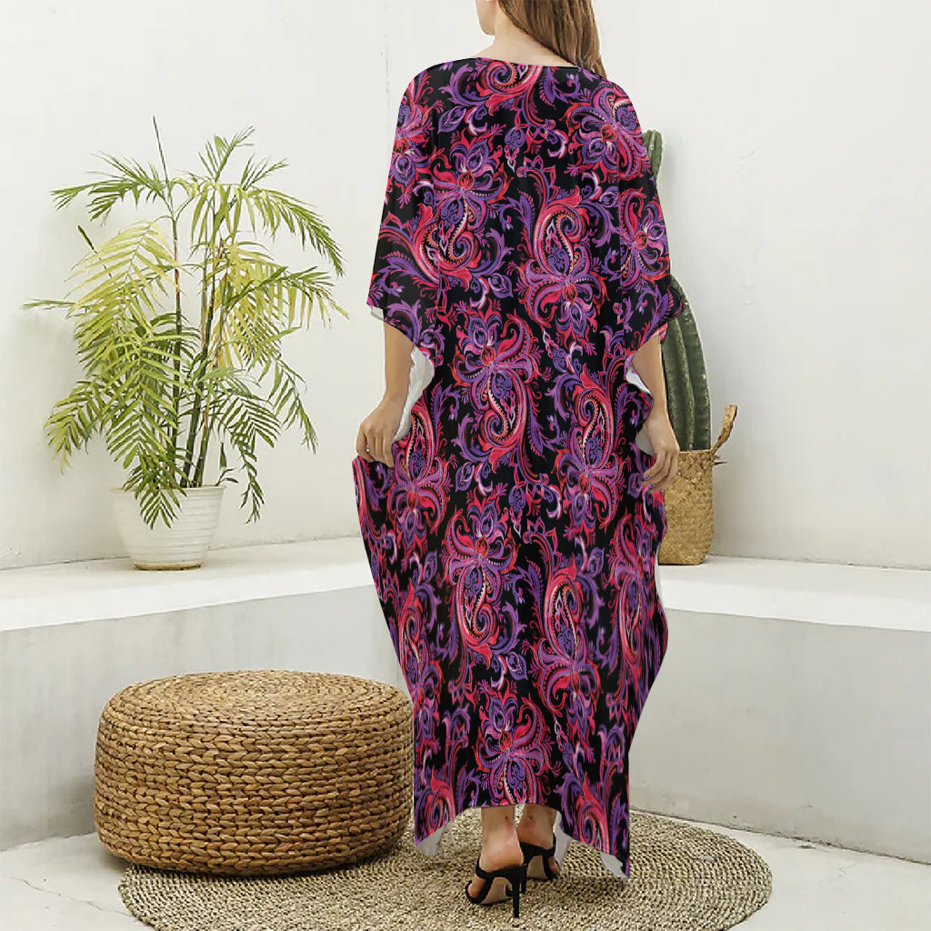 Purple Paisley Pattern Print Silk V-Neck Kaftan Dress
