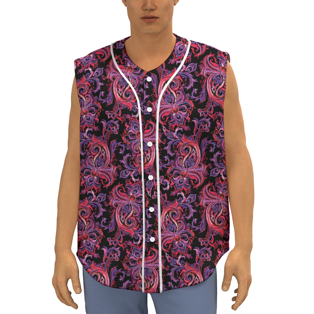 Purple Paisley Pattern Print Sleeveless Baseball Jersey