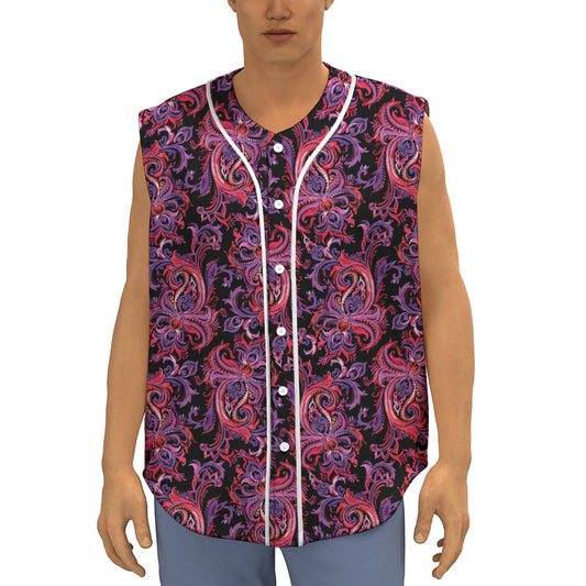 Purple Paisley Pattern Print Sleeveless Baseball Jersey