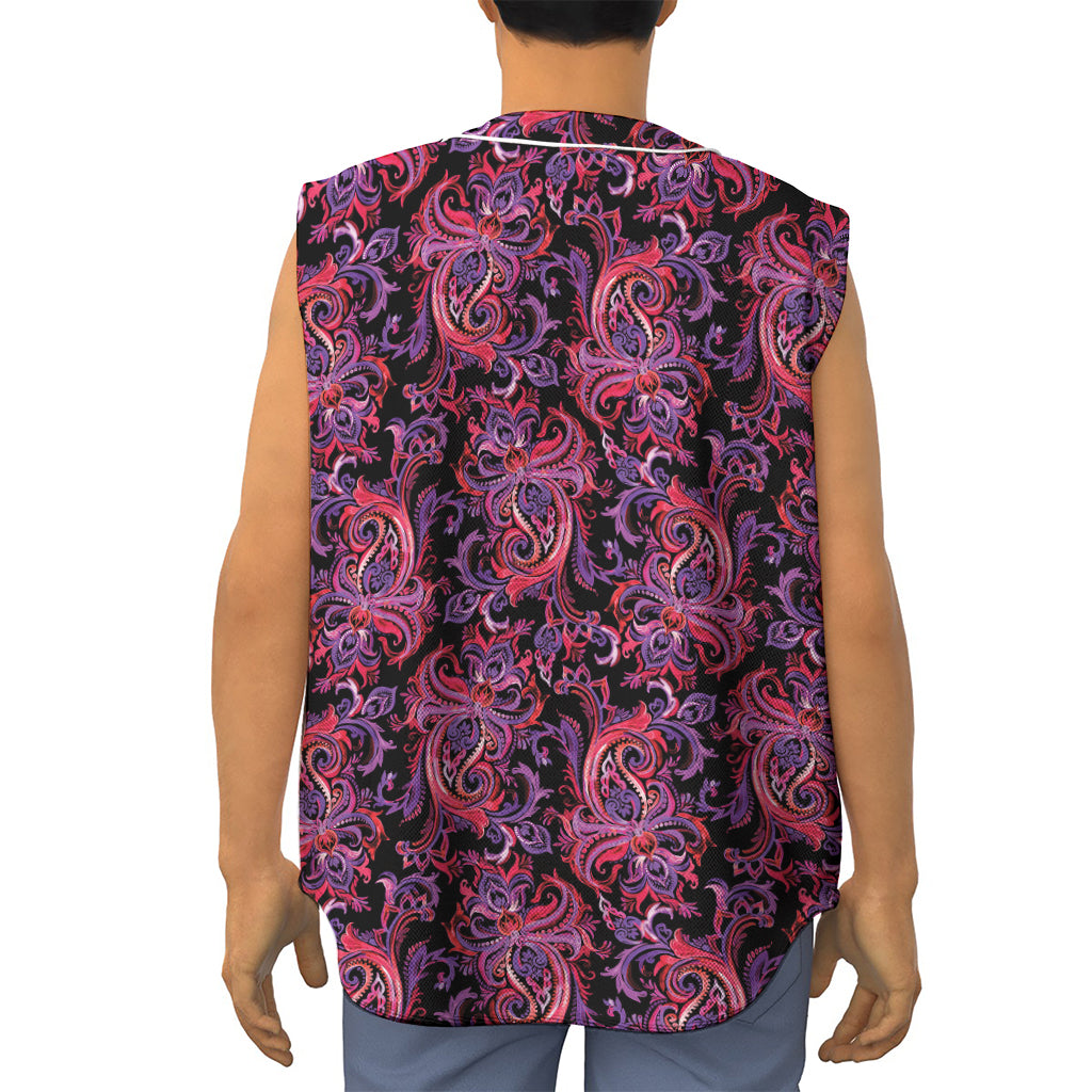 Purple Paisley Pattern Print Sleeveless Baseball Jersey