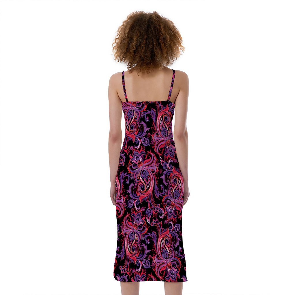 Purple Paisley Pattern Print Slim Fit Midi Cami Dress