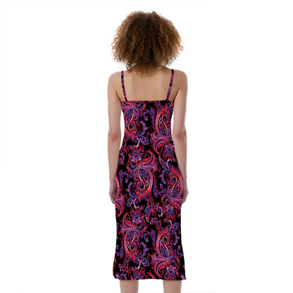 Purple Paisley Pattern Print Slim Fit Midi Cami Dress