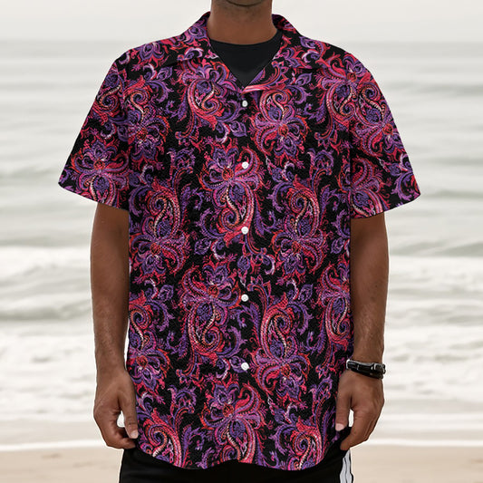 Purple Paisley Pattern Print Textured Short Sleeve Shirt