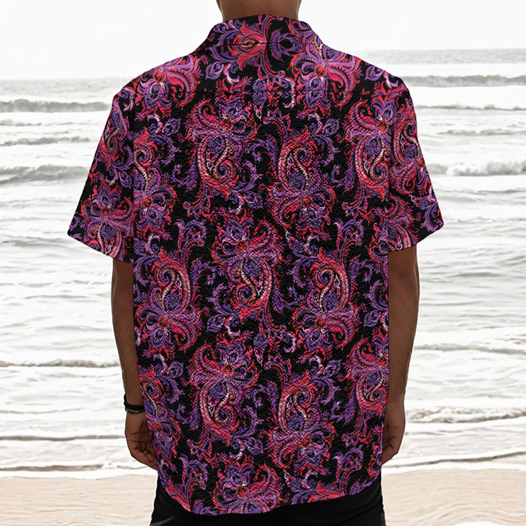 Purple Paisley Pattern Print Textured Short Sleeve Shirt