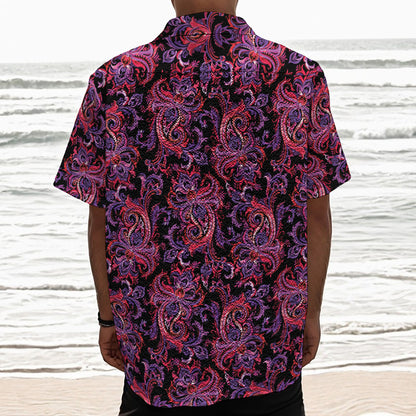 Purple Paisley Pattern Print Textured Short Sleeve Shirt