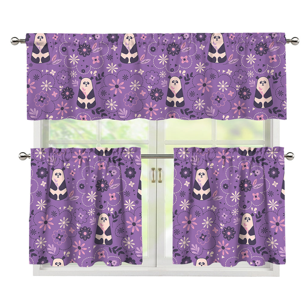 Purple Panda And Flower Pattern Print 3 Piece Kitchen Curtains