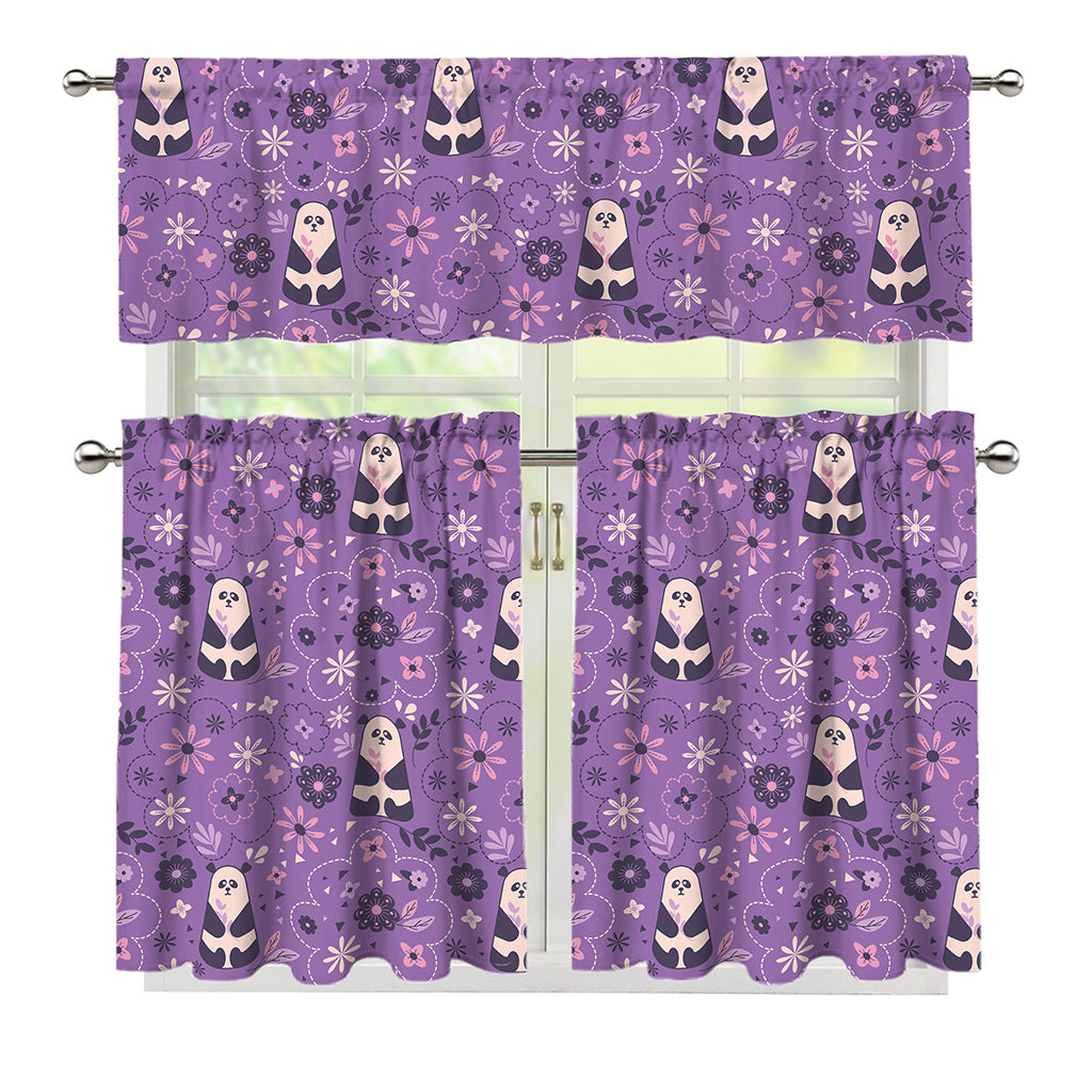 Purple Panda And Flower Pattern Print 3 Piece Kitchen Curtains