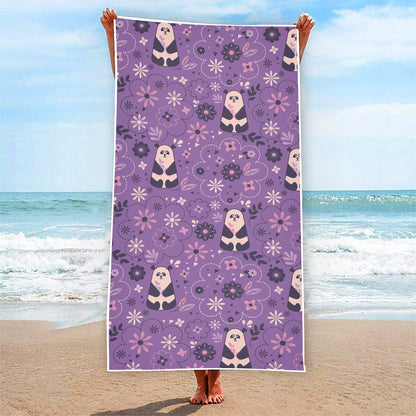 Purple Panda And Flower Pattern Print Beach Towel