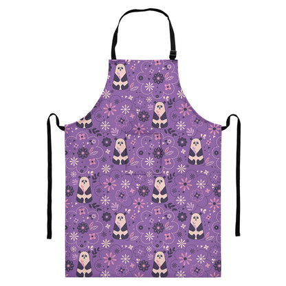 Purple Panda And Flower Pattern Print Bib Apron With Pocket