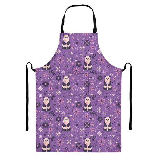 Purple Panda And Flower Pattern Print Bib Apron With Pocket
