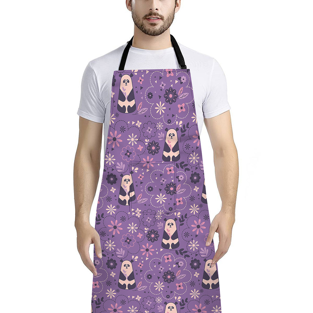 Purple Panda And Flower Pattern Print Bib Apron With Pocket